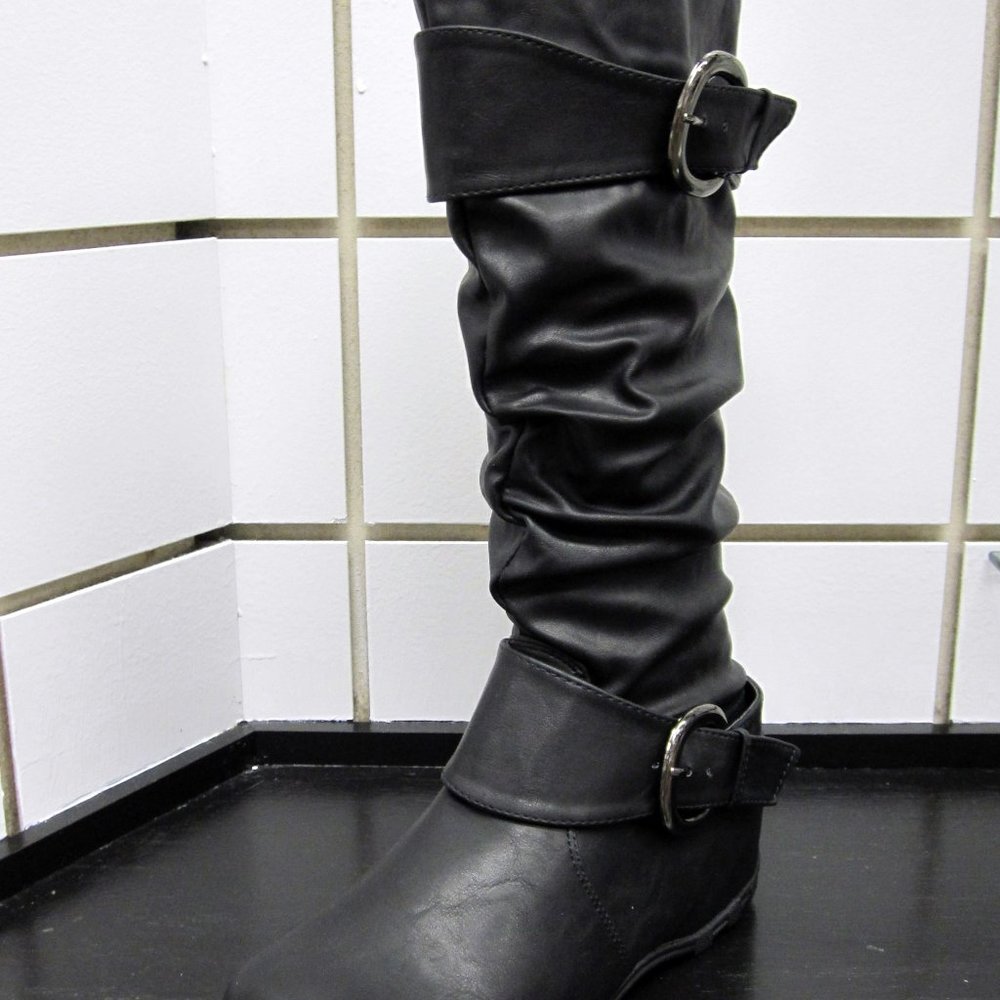 NEW WOMEN CASUAL COMFORT SLOUCH 2 BUCKLE BOOT-BLK - Picture 2 of 5
